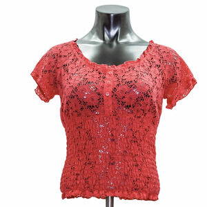 EYE Candy Coral Sheer Lace Smocked Blouse Large